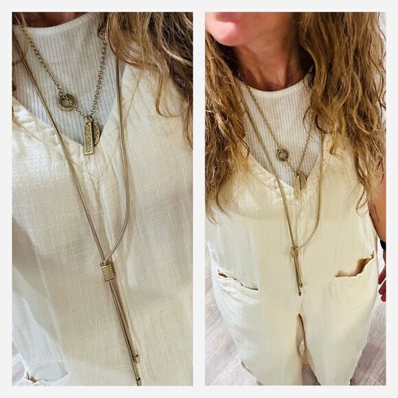 Chico’s long gold tone lariat layered pendant classic necklace rope chain - Picture 1 of 11